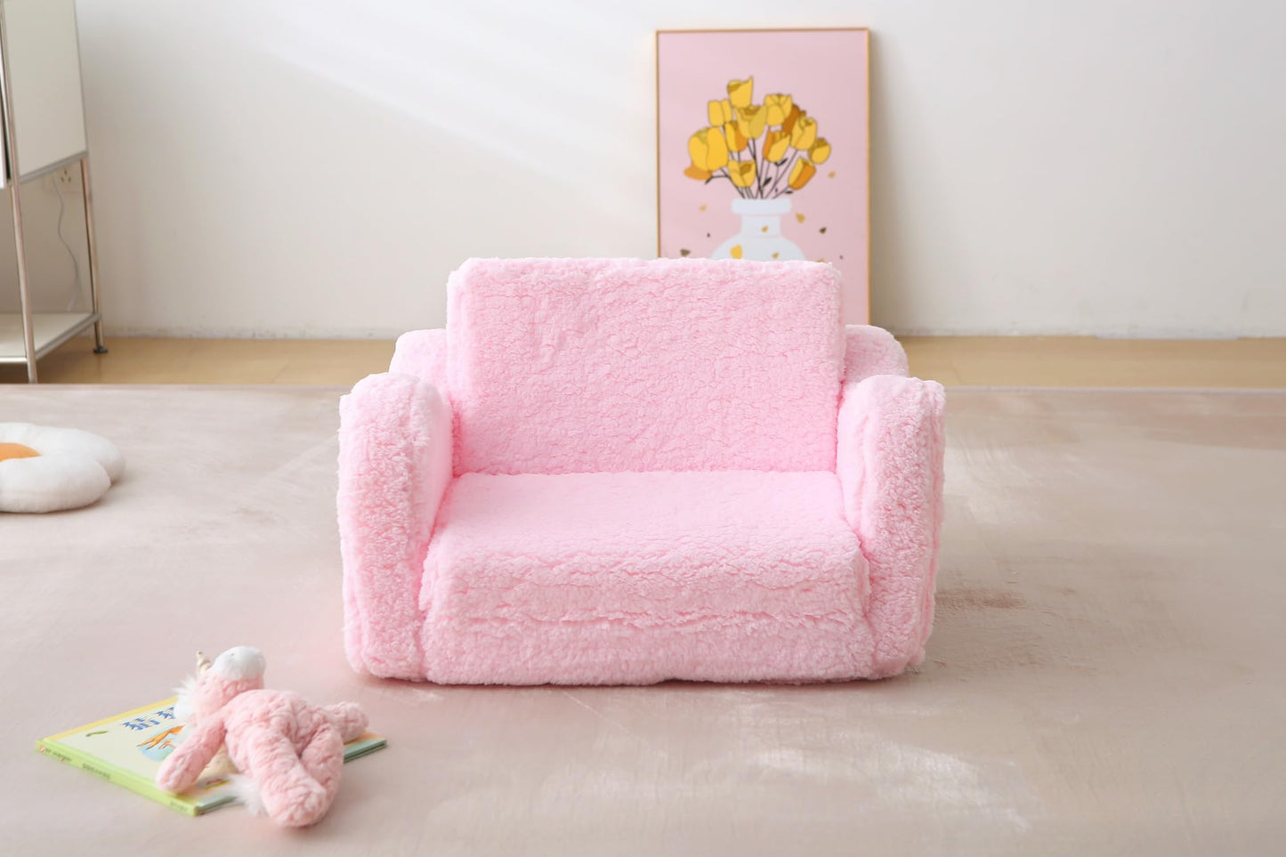 Toddler Couch 2-in-1 Flip Open Convertible Sherpa Kids Sofa Chair, Pink
