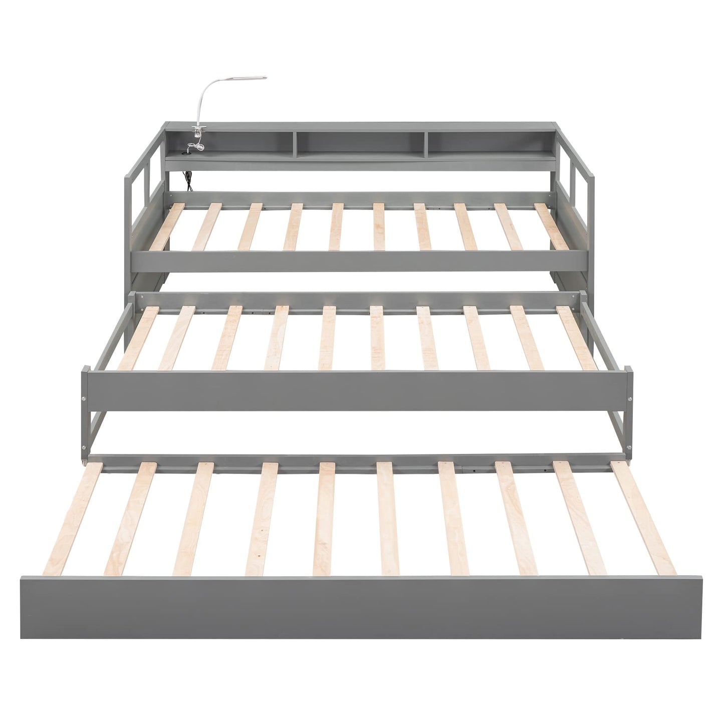 Harper & Bright Designs Twin XL Wood Daybed with 2 Twin Size Trundles, 3 Storage Cubbies, 1 Light for Free and USB Charging Design, No Box Spring Needed - Gray