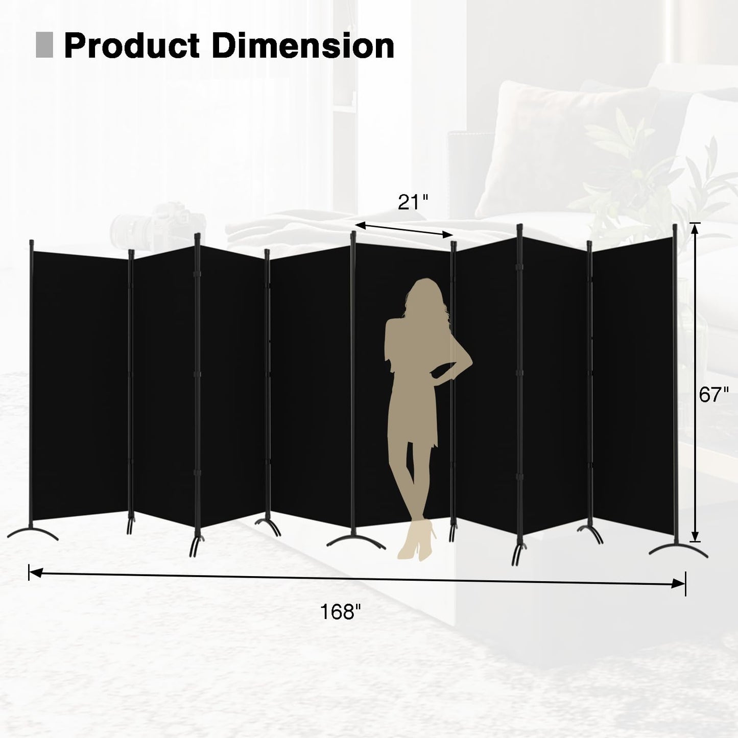 Room Divider-Folding Privacy Screens, 6 ft Partition Room Dividers Wall for Separation, Home, Office, Classroom, Studio (Black, 8 Panel)
