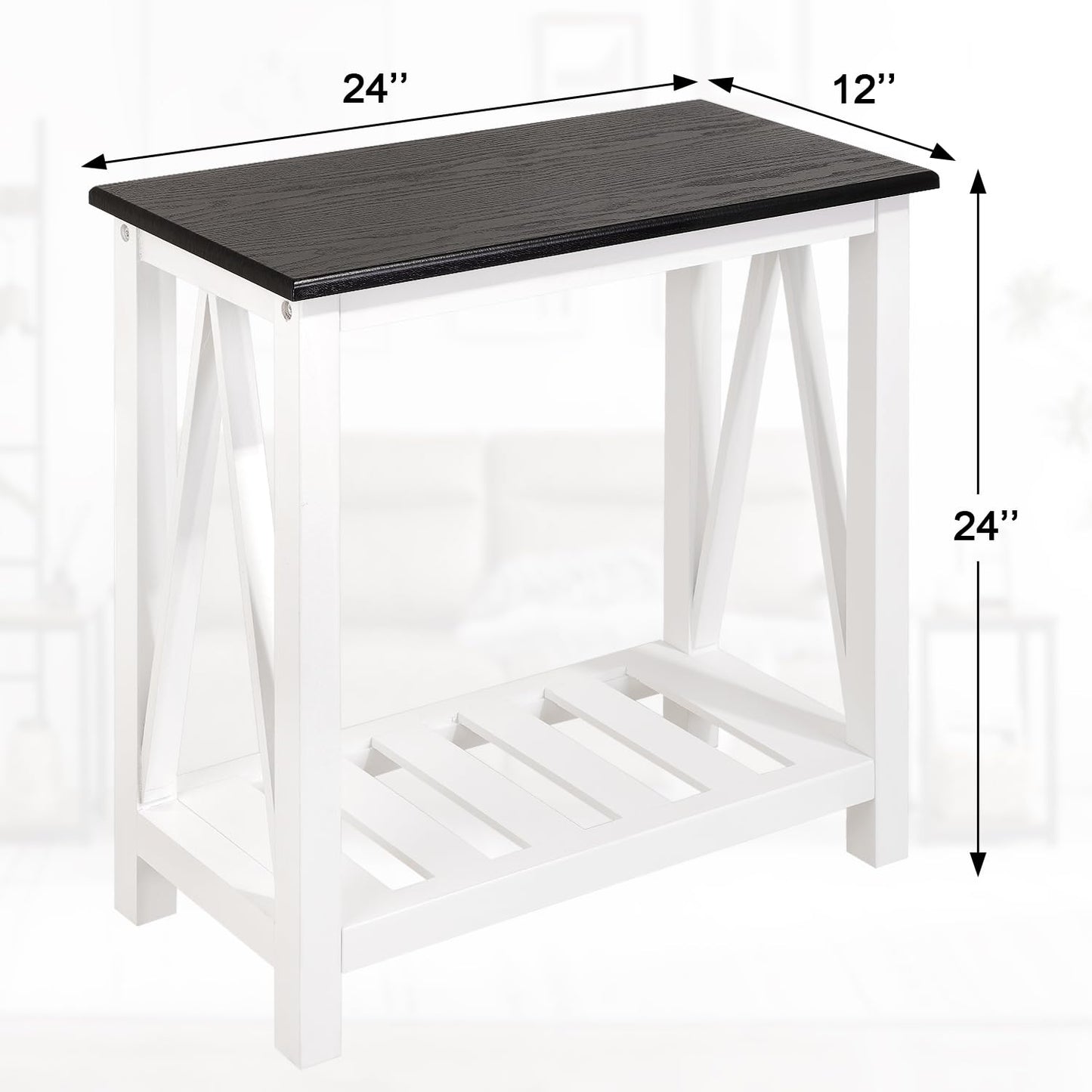 FEUFOAM Farmhouse End Side Table Wood Frame Narrow Side Table with Shelves Black White Rectangular Night Stand Sofa Table for Couch, Small Spaces, Living Room, Bedroom