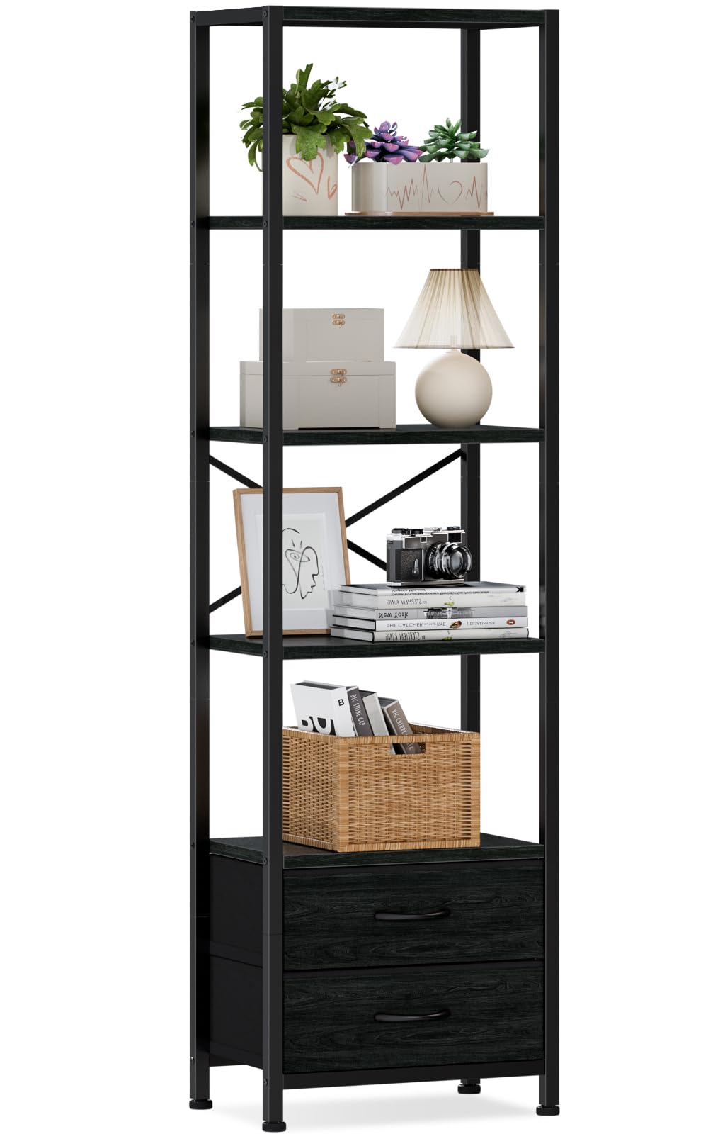 Furnulem 5-Tier Corner Shelf, Narrow Bookshelf with 2 Storage Drawers, 65.16" Tall Bookcase, Standing Shelf Organizer Unit for Living Room, Bedroom, Metal Frame, Wood Display Shelf(Black Oak)