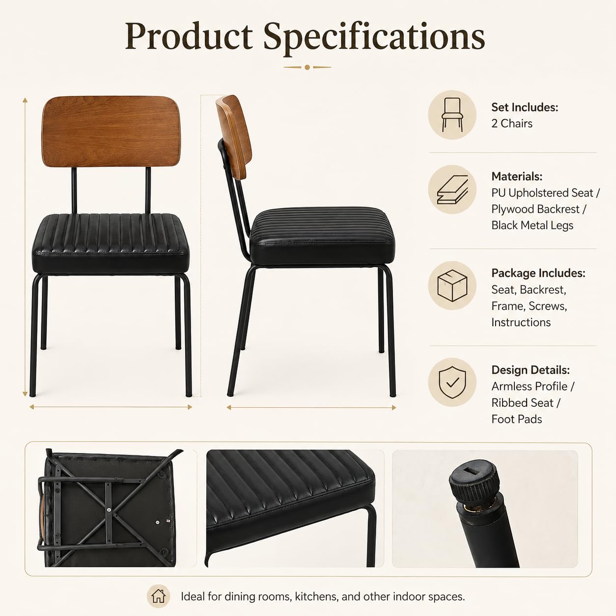 Dining Chairs Set of 2, PU Upholstered Kitchen & Dining Room Chairs with Curved Wood-Grain Plywood Back, Black Metal Legs, Adjustable Foot Pads, Armless Chairs for Dining Room, Kitchen, Vanity, Office