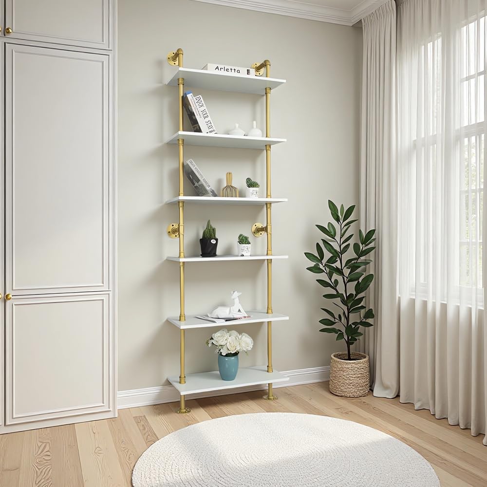 HEONITURE Industrial Gold Bookshelf-6 Tier Wall Mounted Ladder Bookshelf, Rustic Gold Storage Book Shelves Display Bookcases for Living Room/Home/Office