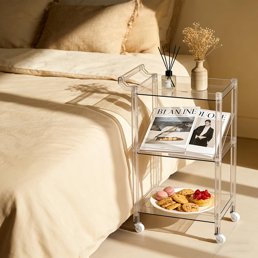 Dachsy Acrylic-Style Utility Rolling Cart, 3-Tier Clear Storage Cart with Pulling Handle & 4 Wheels for Kitchen Living Room Dining Bathroom Laundry, Multifunction Serving Trolley (Transparent)