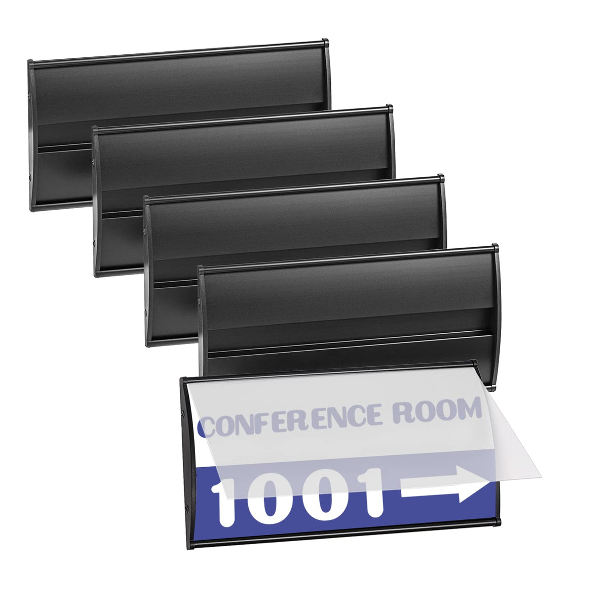Set of 5 –Sturdy & Elegant Black Aluminum Wall Mount Name Plate Holder, Office Business Door Curved Sign Holder with Adhesive Tape, 8” X 4” - Plastic Film Included, Paper Inserts NOT Included