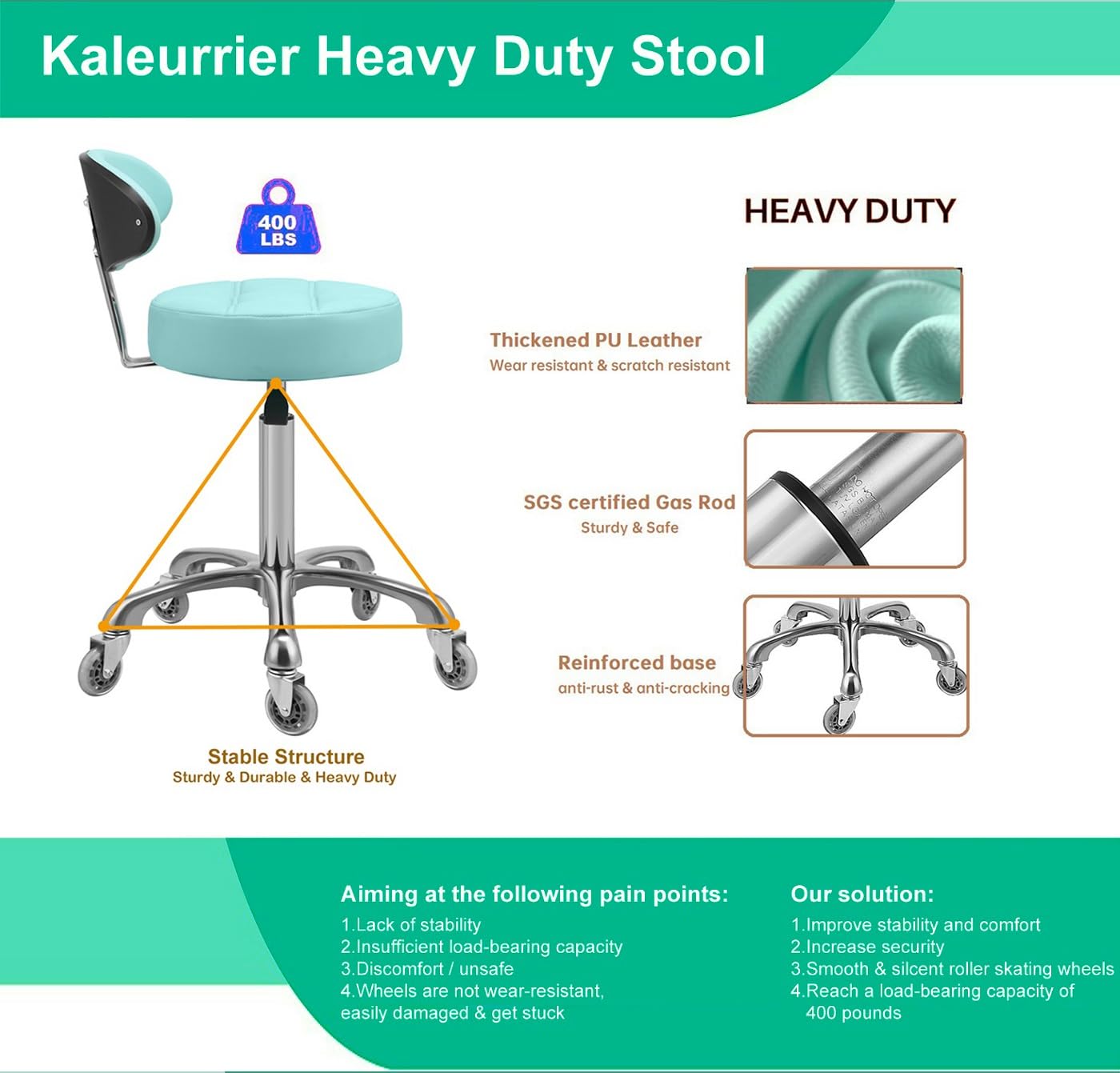 Kaleurrier Rolling Stool with Back Support: Adjustable Height 22-30 inches for Nail Lash Tech Stylist - Heavy Duty Stool Chair with Wheels for Salon Shop Office Kitchen Garage Workshop