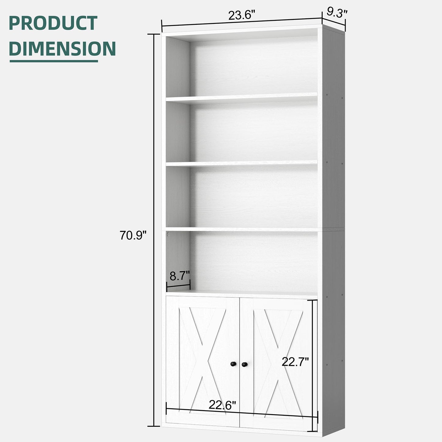Shintenchi Bookshelf, Industrial Bookshelves and Bookcases with Doors Floor Standing 6 Shelf Display Storage Shelves 70.6 inches Tall Bookcase for Home Office, Living Room (White)