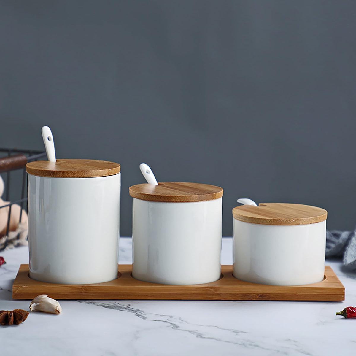 Set of 3 Ceramic Condiment Jars in Varying Sizes With Spoons & Bamboo Lids and Tray (White)