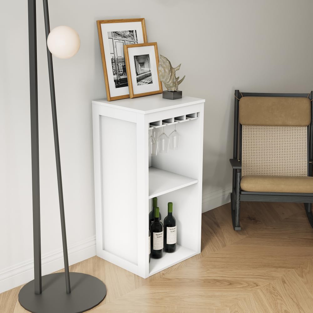 Brown Walnut Color Modular Wine bar Cabinet with Storage Shelves with Hutch for Dining Room (White + MDF)