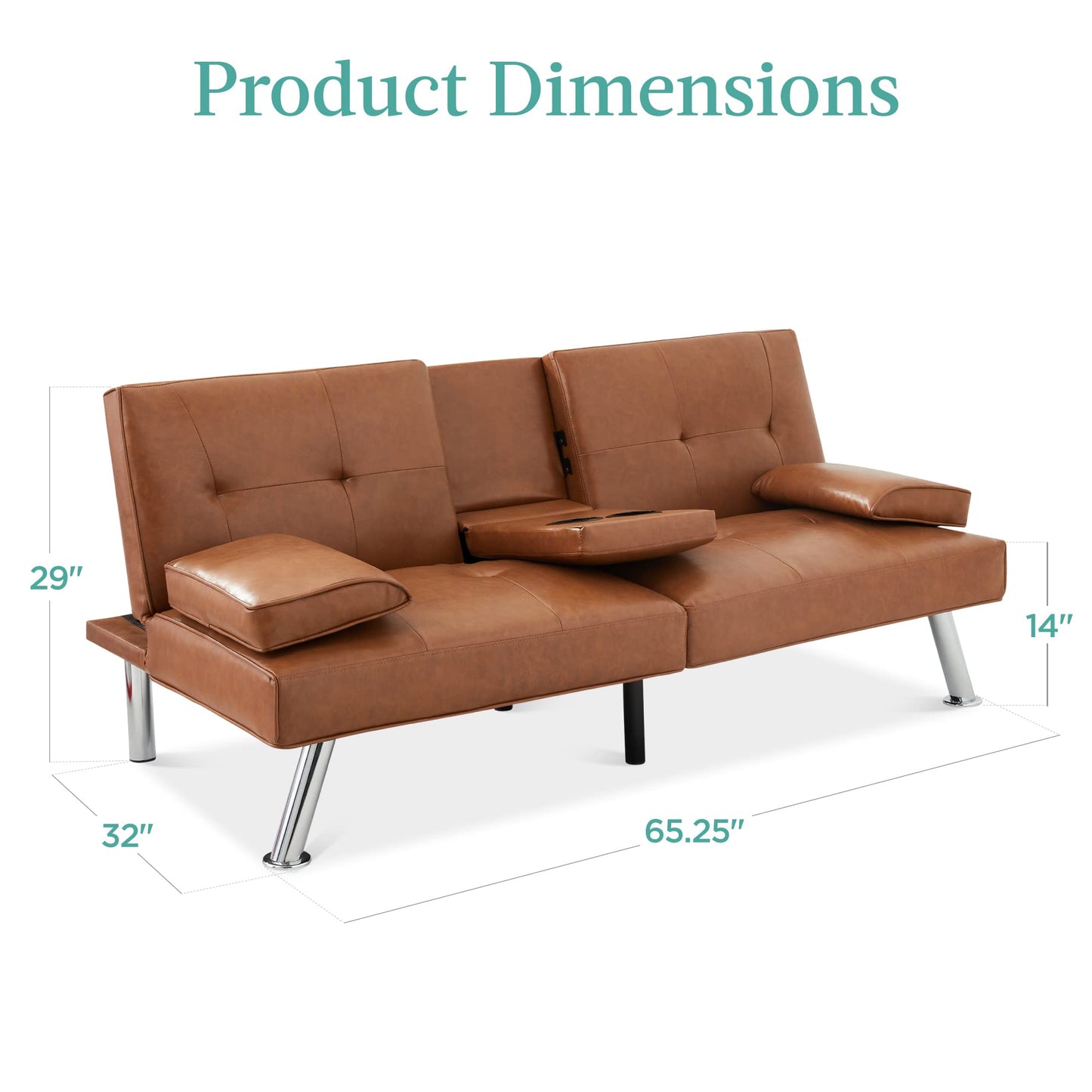 Best Choice Products Faux Leather Upholstered Modern Convertible Futon, Adjustable Folding Sofa Bed, Guest Bed w/Removable Armrests - Tan