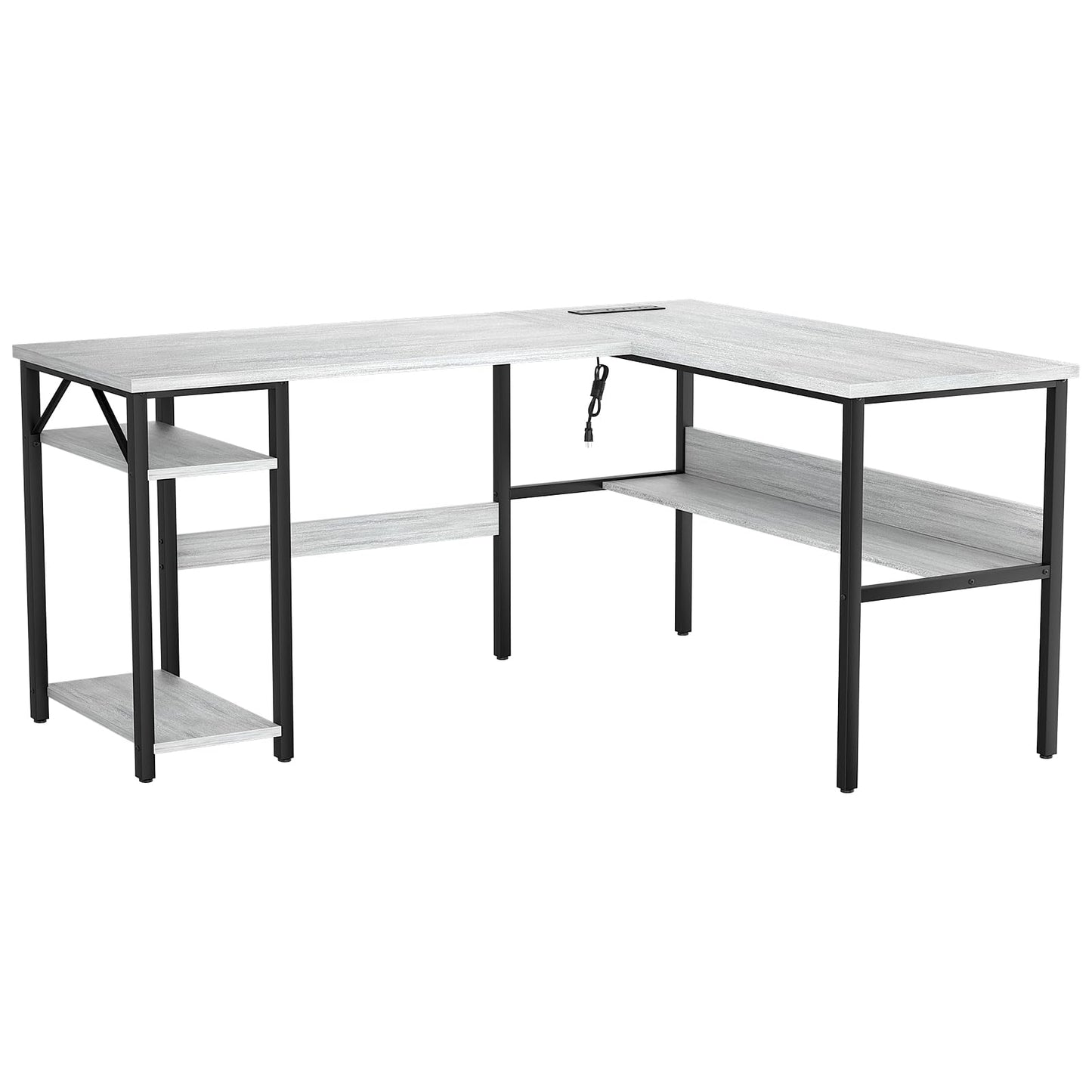 Unikito L Shaped Computer Desk with Magic Power Outlets and USB Charging Ports, Sturdy Reversible Corner Desk with Storage Shelves, Modern Work Desk for Home Office, Easy to Assemble, White Oak