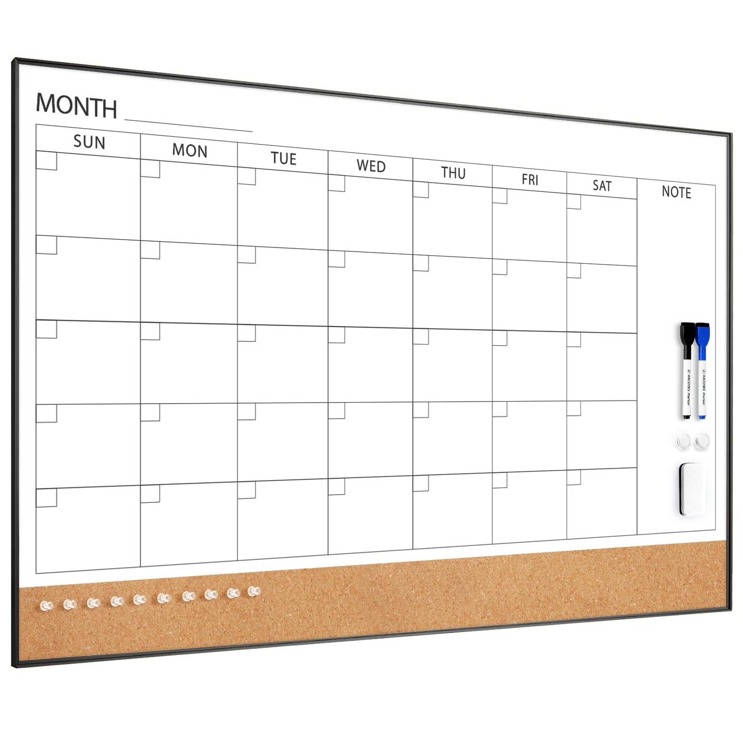 ARCOBIS Dry Erase Calendar with Cork Board for Wall, 36"x 24" Magnetic Calendar Whiteboard with Black Frame, Monthly Combination Board for School, Home, Office