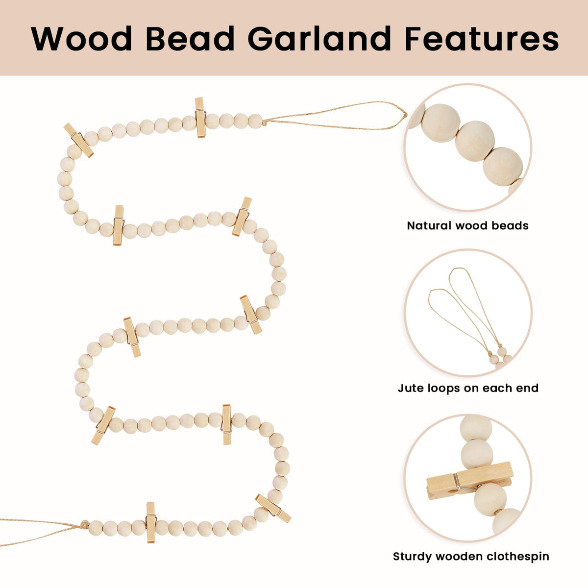 Hanging Photo Display with Clips, Boho Wooden Bead Garland Collage Picture Frame Wall Decor, Photo String with 10 Clips for Bedroom Room Dorm Cubicle Decor, Christmas Teen Girls Gifts , 3 Pack