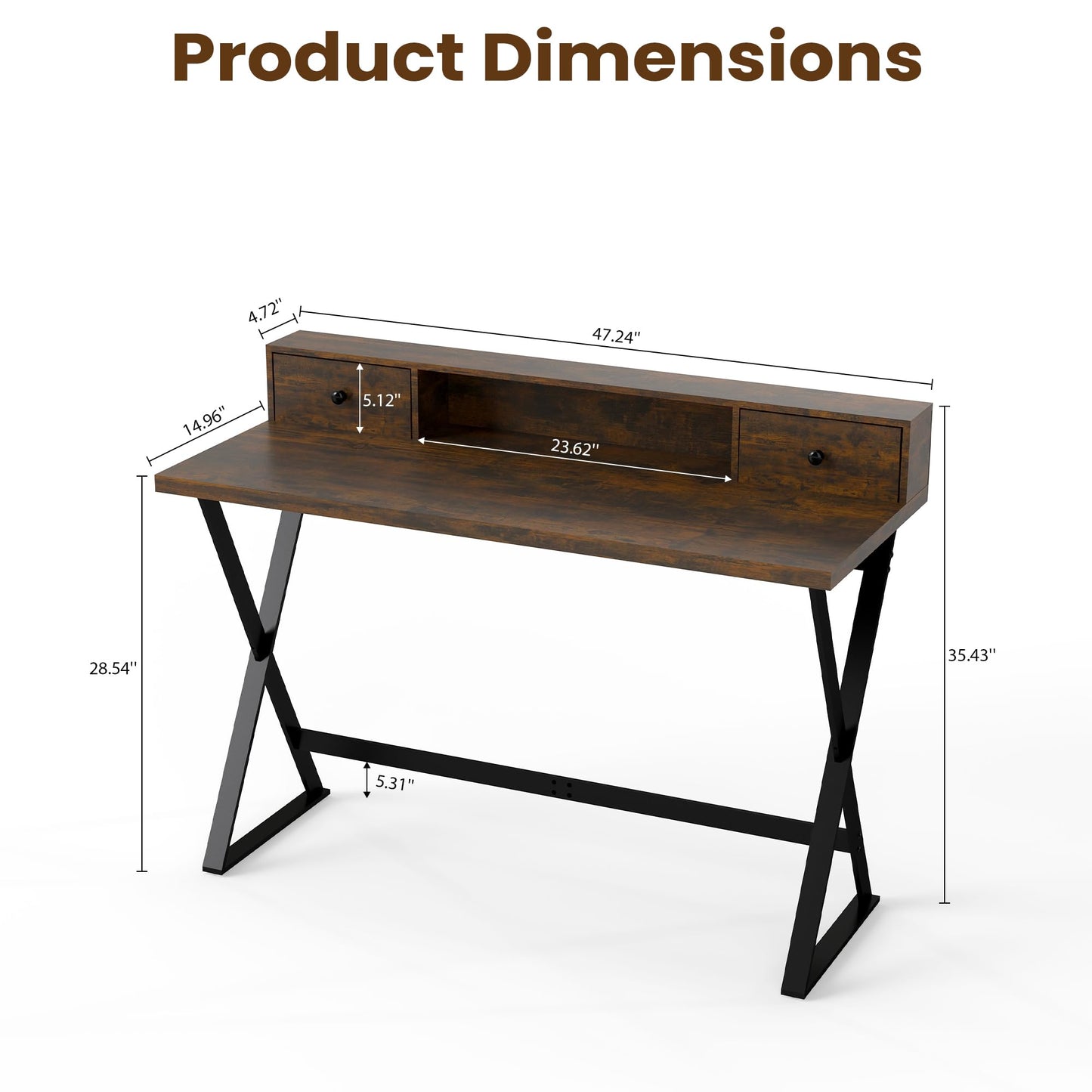 Manora Computer Desk with Drawers and Monitor Stand, 47" Home Office Desk with Storage Shelf, Rustic Brown Writing Study Table with Metal Frame for Bedroom, Workstation for Laptop PC
