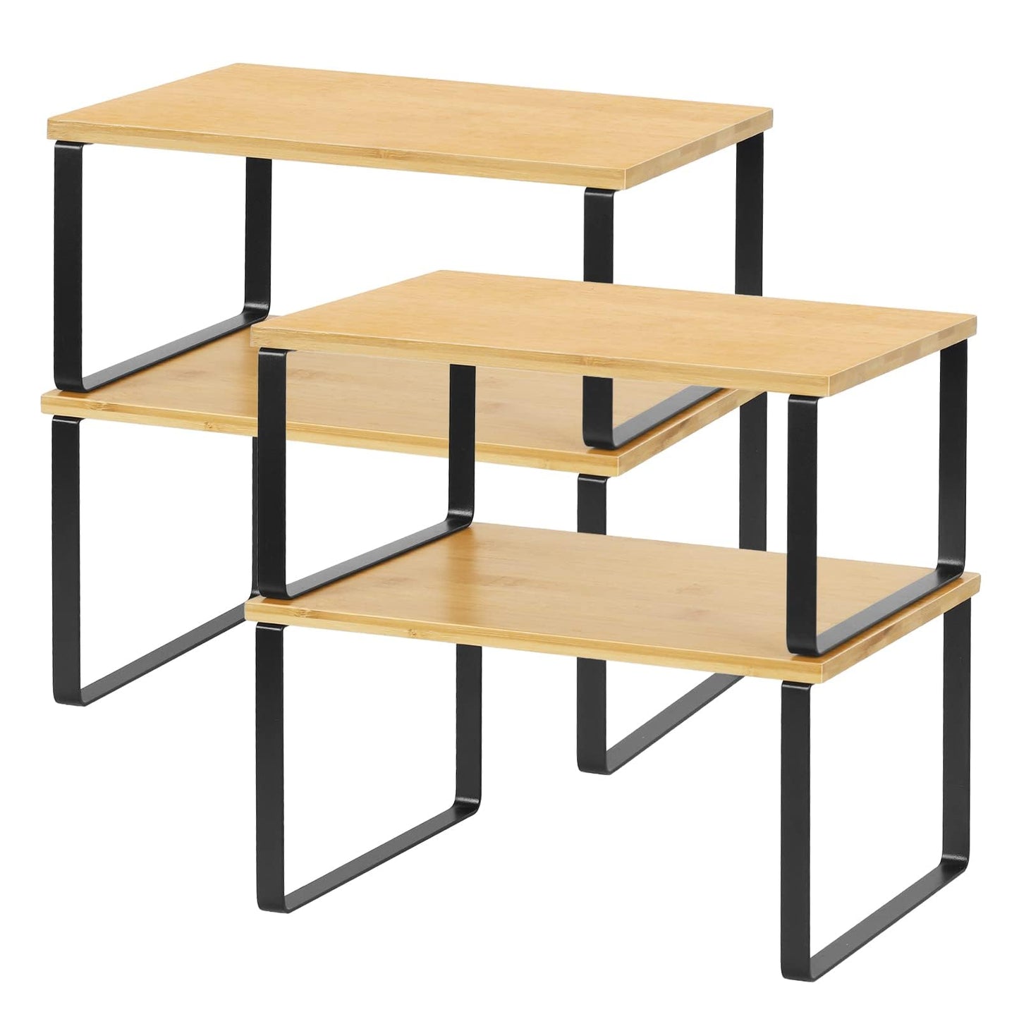 NEX Cabinet Organizer Shelf Set of 4, Stackable Kitchen Counter Shelves, Expandable Spice Rack Pantry Organizers, Bathroom Cupboard Storage Desk Riser, Bamboo and Metal, Black