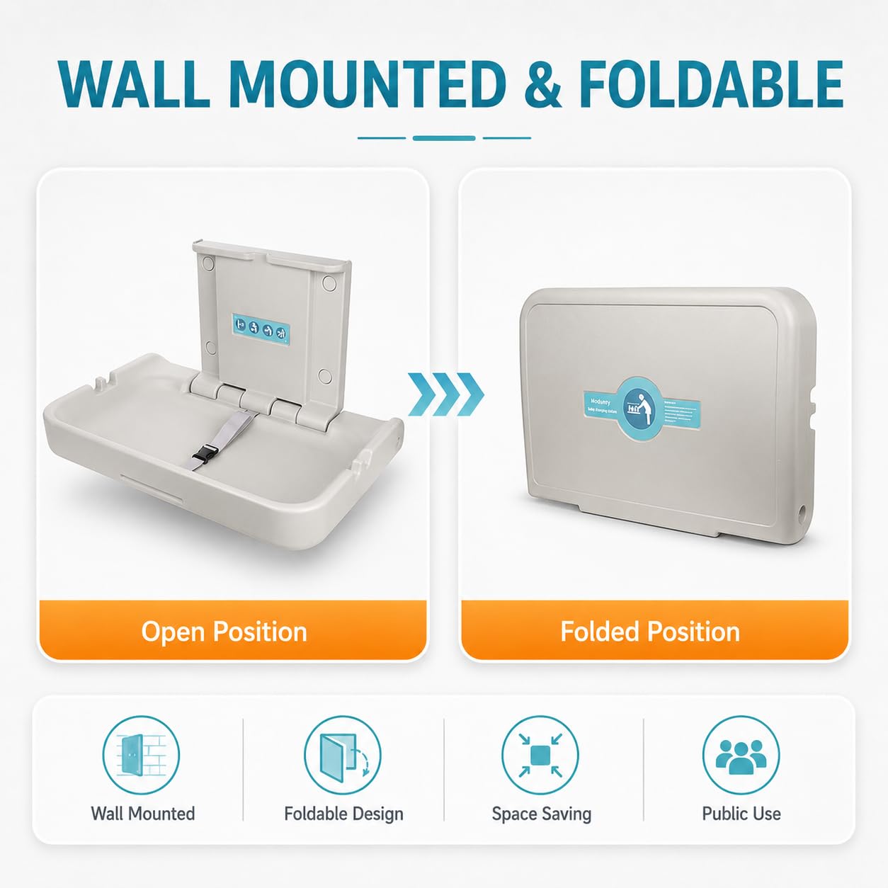 Modundry Wall Mounted Baby Changing Station - Horizontal Baby Changing Table Foldable Diaper Tables with Safety Strap for Commercial Bathroom，White Granite