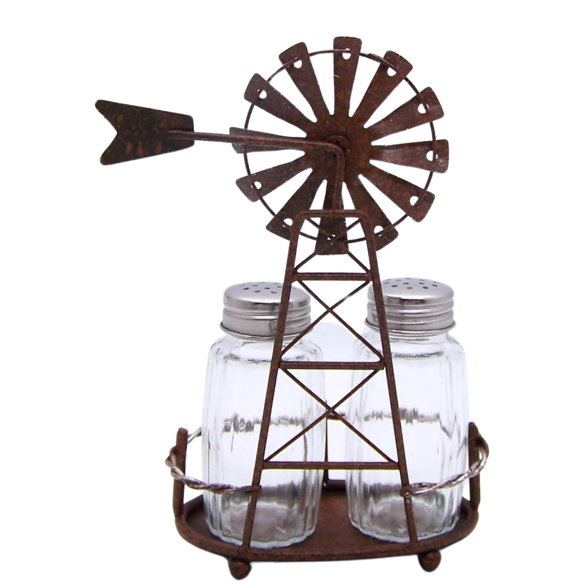 Windmill Salt and Pepper Set Holder, Unique Rustic Décor, Shakers Included, 6.5 Inches