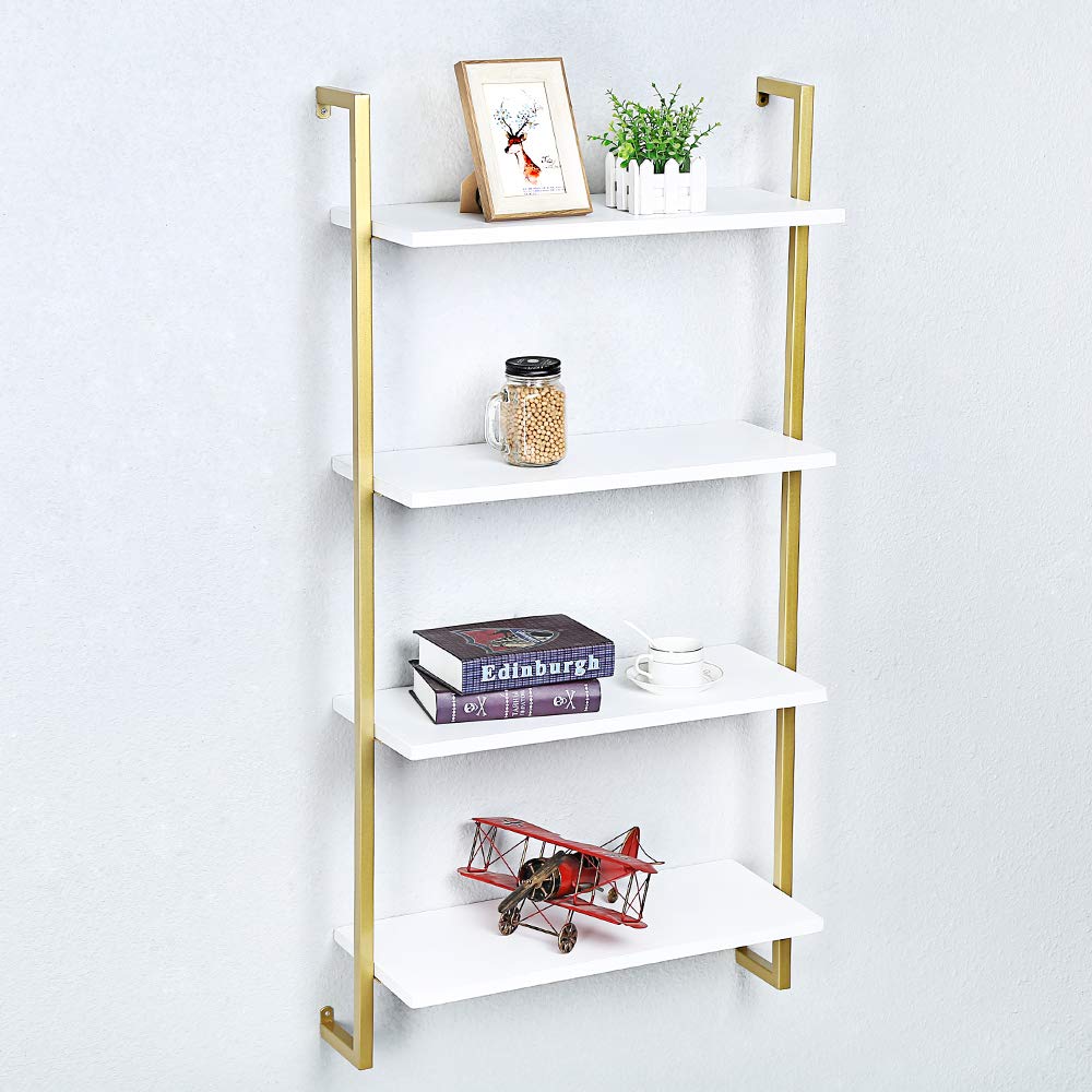 OLDRAINBOW Industrial Metal Wall Shelf,Floating Wood Shelves Wall Mounted,24in Iron Real Wood Book Shelves,4 Tier Bookshelf Shelving