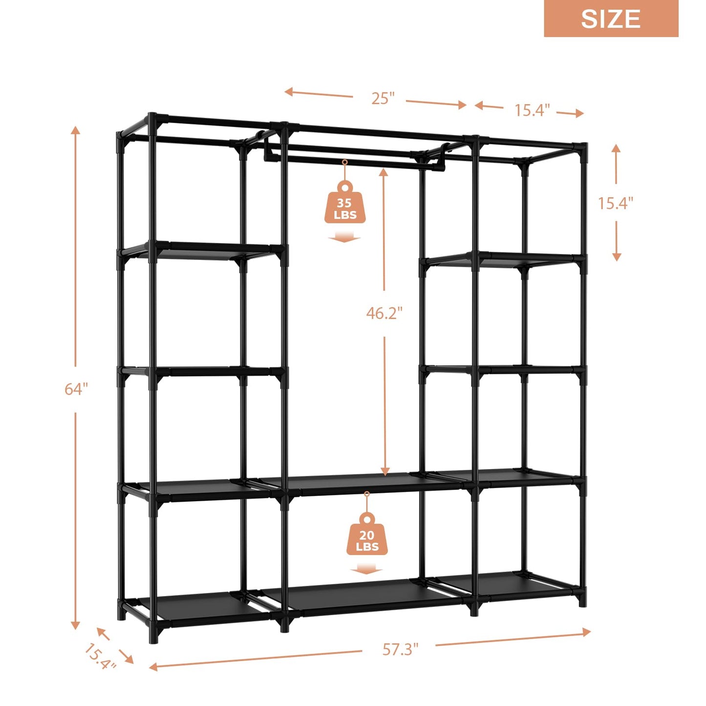 BrFoYu Portable Closet for Hanging Clothes 57.3 Inch Large Capacity Wardrobe Closet with Cover, 8 Pockets and 1 Hanging Rod, Easy Assembly Closet Organizer for Bedroom, Black
