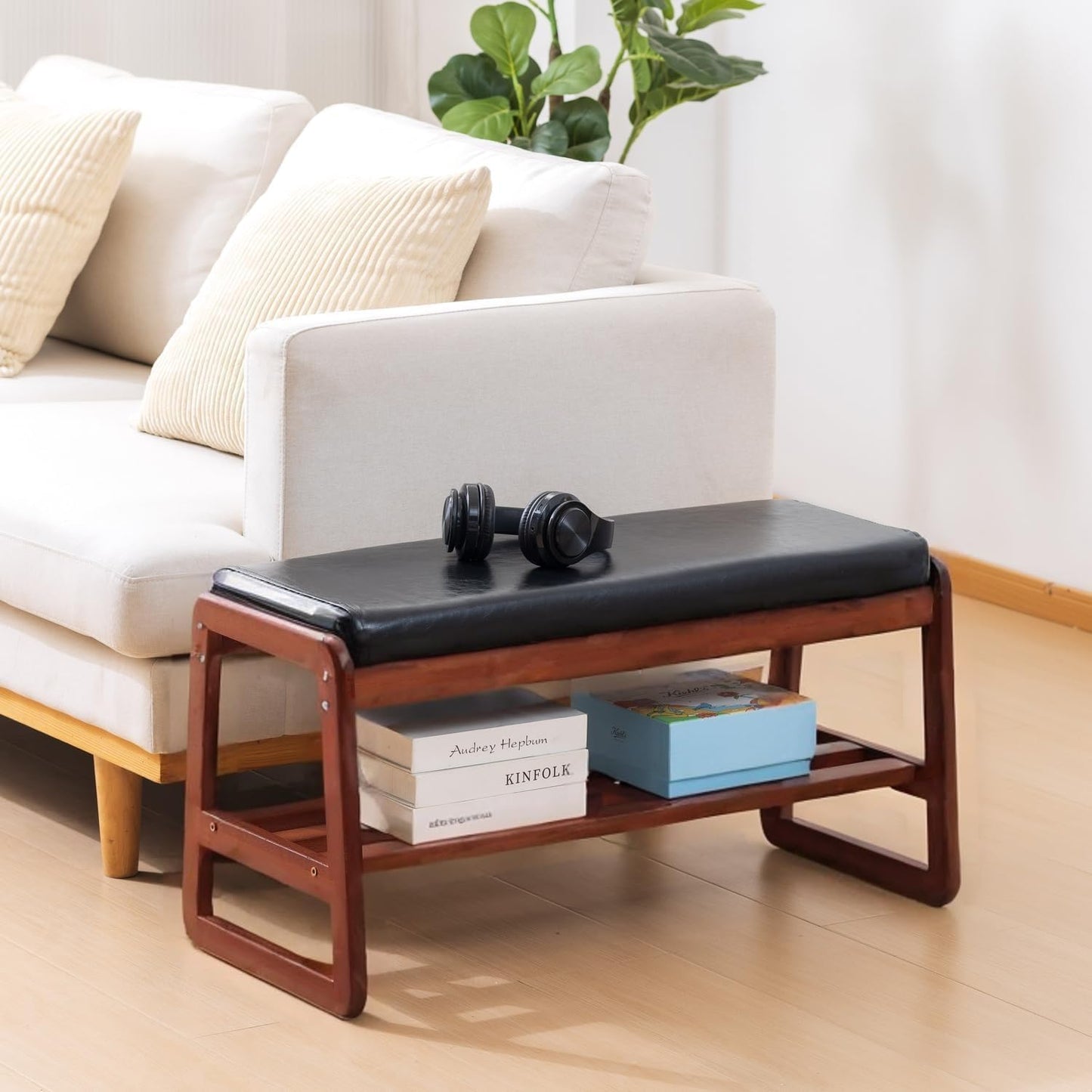 SOBIBO Solid Wood Shoe Bench, 2-Tier Wooden Entryway Bench, Modern Shoe Rack with Cushion for Hallway, Living Room (Black, 31.5'')