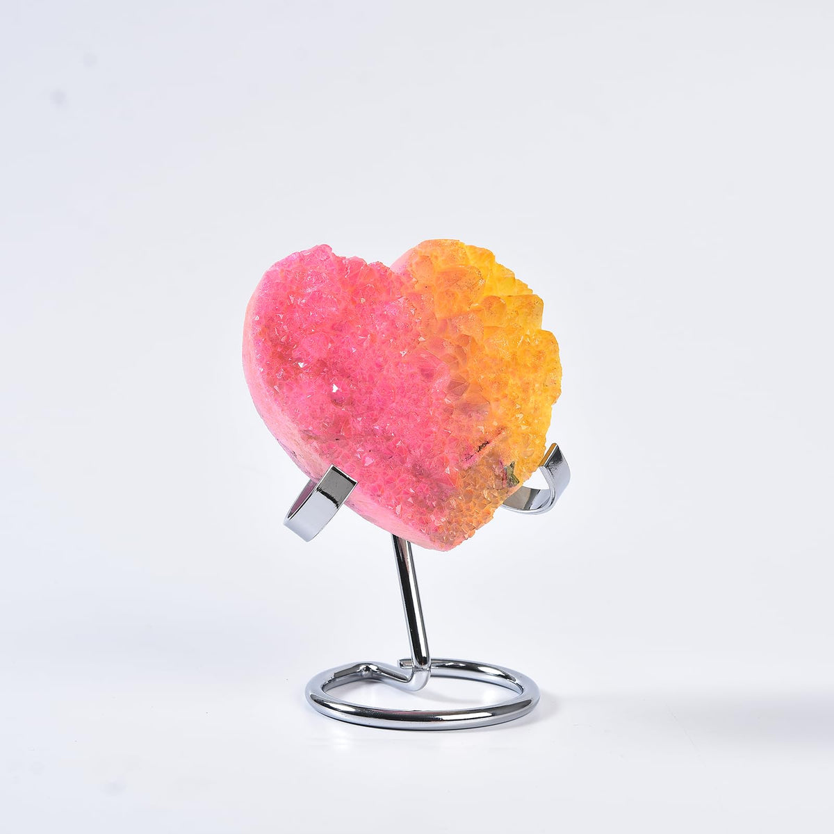 JIC Gem Pink Yellow Titanium Coated Large Heart Crystal Cluster Geode Healing Crystals Heart Shaped Rocks with Crystal Display Stand Home Decor Reiki Meditation 3.14-3.54 inch
