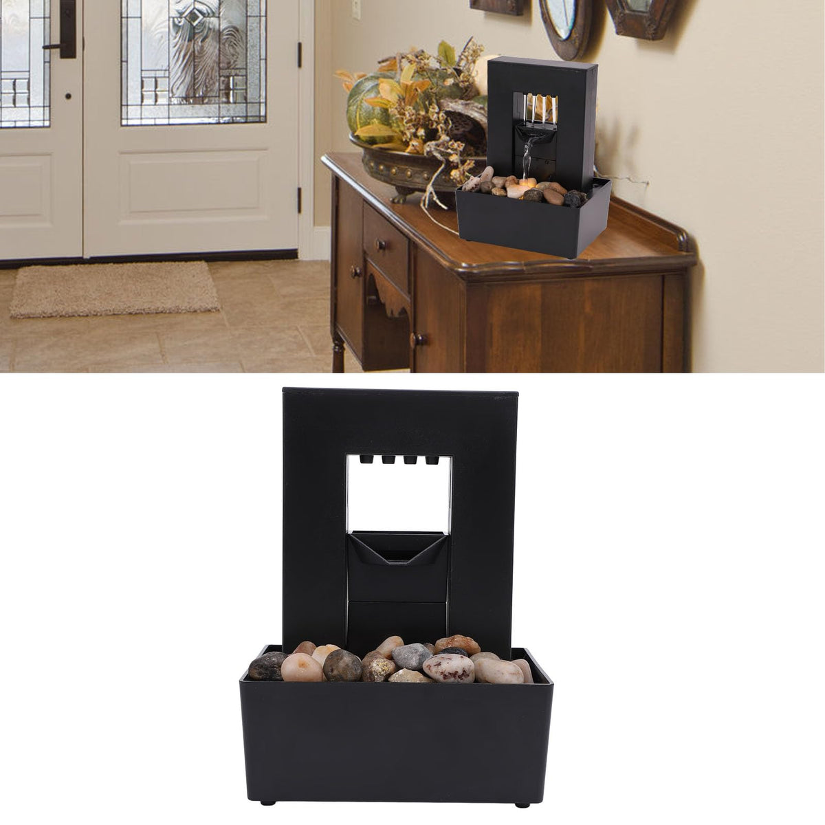Buachois Tabletop Water Fountain,Small Plastic Indoor Fountain,USB Rechargeable Waterfall Fountain with LED Light,Gurgling Water and Polished Pebble for Feng Shui Effect