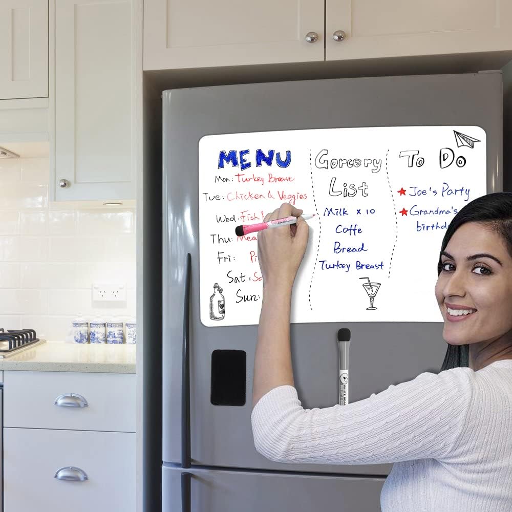 ANLIOTE Magnetic Dry Erase Board Fridge Whiteboard Sheet 12"x 8", Easy to Write and Clean, Small Refrigerator White Board for Home Kitchen Shopping List & to Do List, 2 Markers and Eraser with Magnets