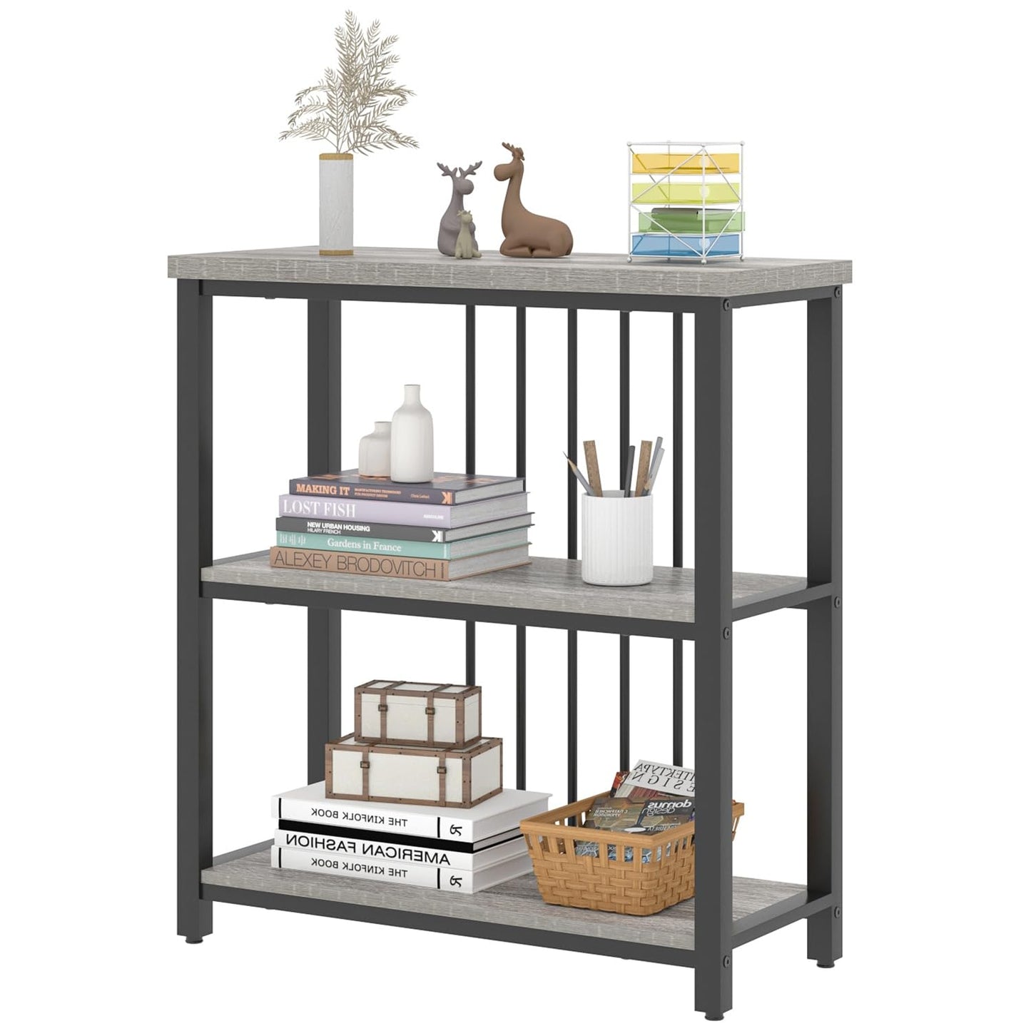 FOLUBAN 3 Tier Bookshelf, Short Bookcase for Small Space, Modern Wooden and Metal Book Shelf for Living Room Bedroom Office (Light Grey Oak)