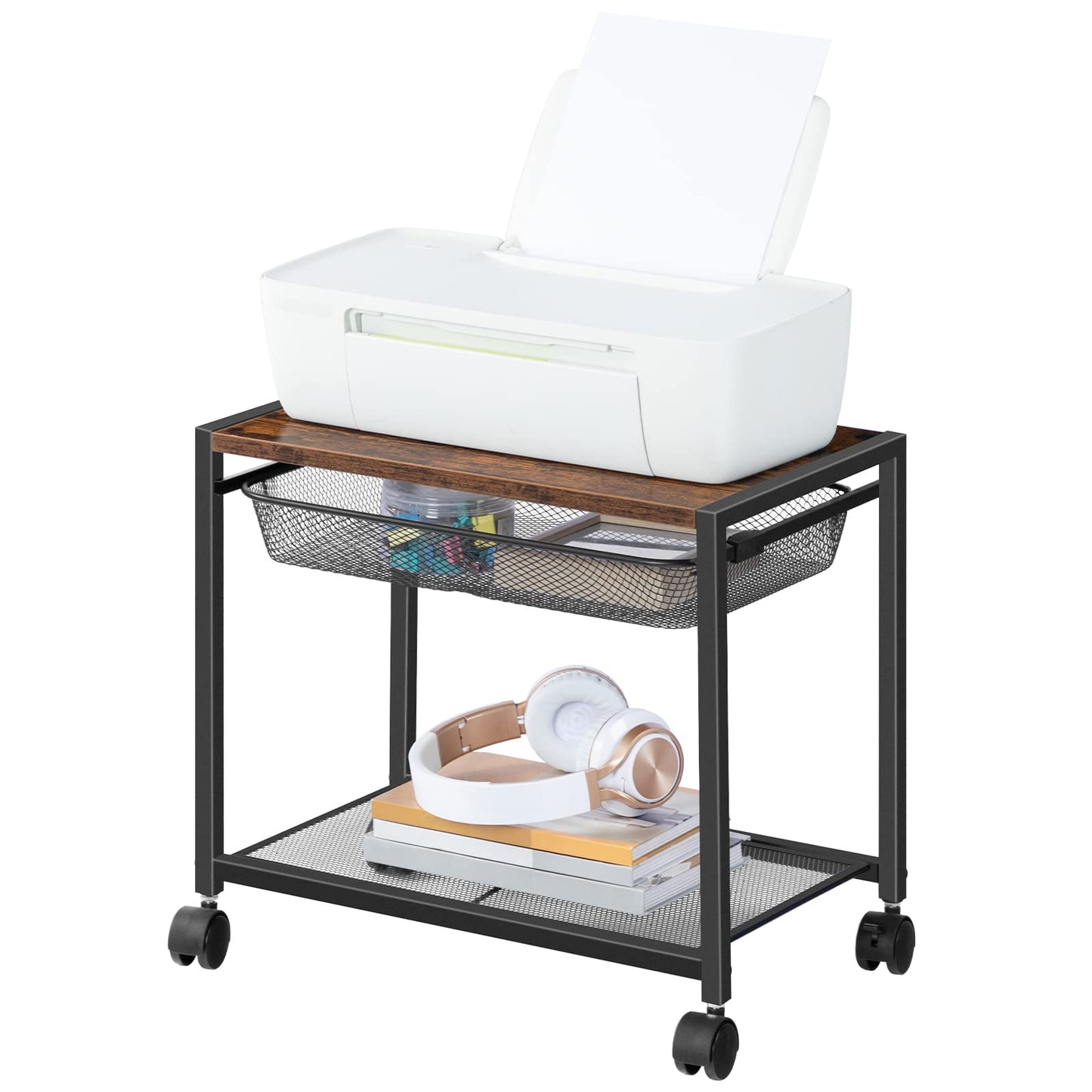 HOOBRO Under Desk Printer Stand, Industrial Printer Cart with Storage Shelf, 2-Tier Mobile Printer Table on Wheels, Heavy Duty Machine Storage Rack for Office and Home Rustic Brown + Black BF12PS01