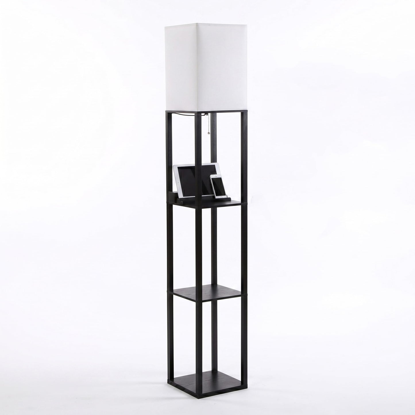 Brightech Maxwell Charger - Modern Shelf Floor Lamp with USB Charging Ports & Electric Outlet - Corner Display Floor Lamps with Shelves for Living Room, Bedroom and Office - Black