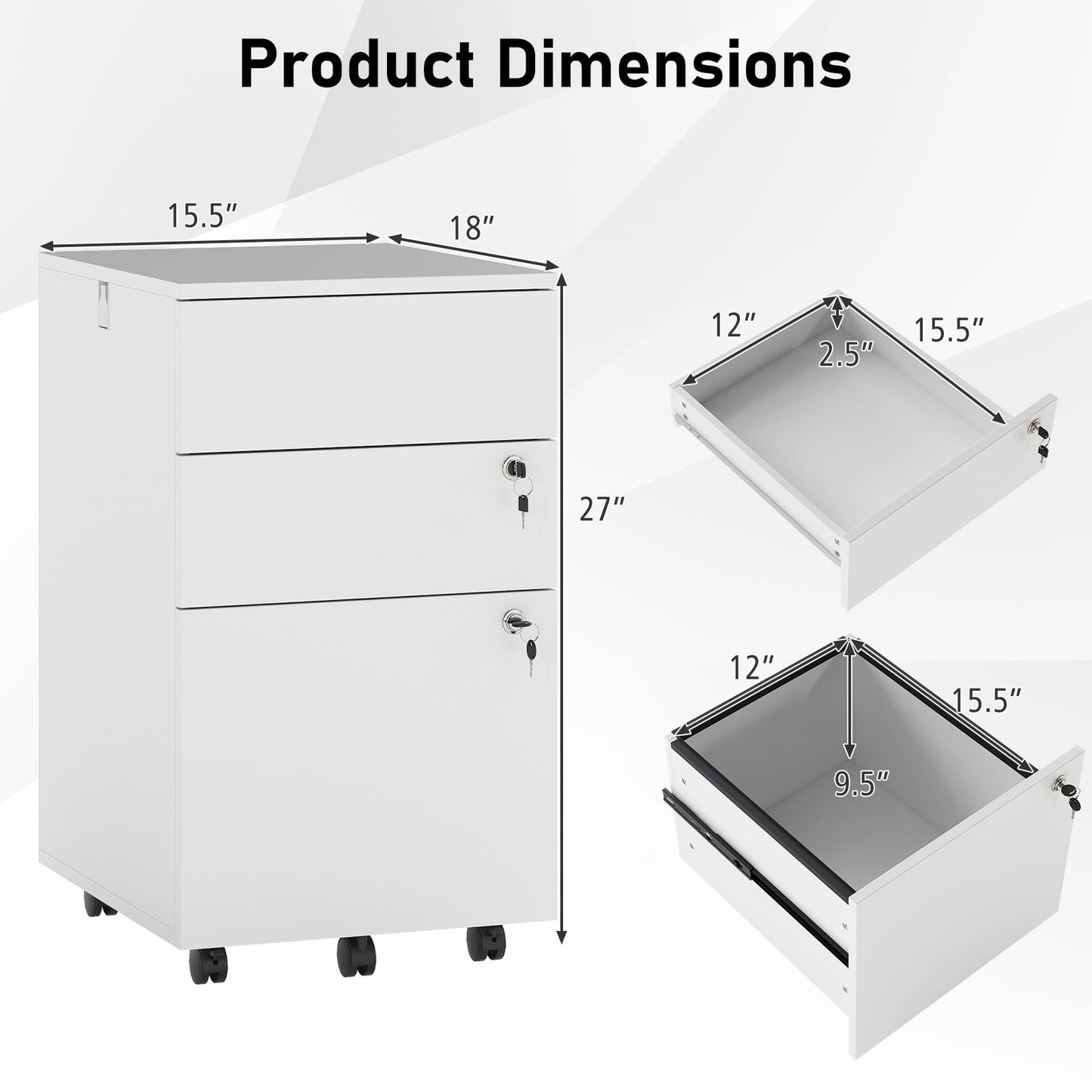 Giantex 3-Drawer File Cabinet with Lock, 27-Inches Storage Cabinet with 2 Side Hooks, Mobile Printer Stand, Wheels, 4 Keys, Vertical Filing Organizer fits Letter/A4 Size for Home Office (White)