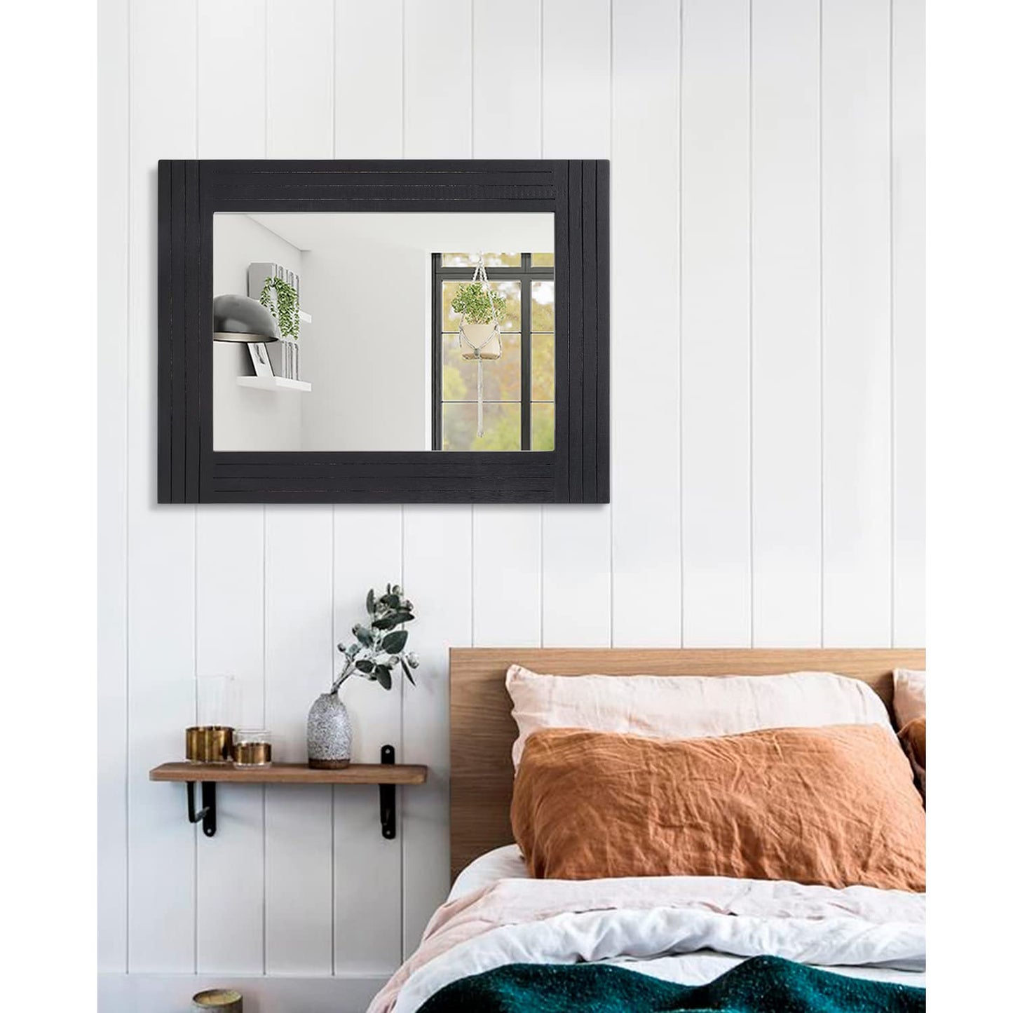 HLFMVWE Black Rectangular Vintage Rustic Wood Framed Large Mirror - Deco Farmhouse Living Room Bathroom Bedroom Entrance - 26" x 18"