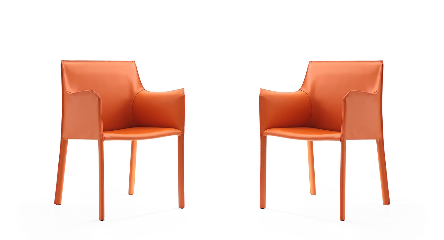 Manhattan Comfort Paris Modern Saddle Leather Dining Chairs, Metal Frame, Comfortable Padded Seat, Fully Assembled Armchair Accent Furniture, Set of 2, Set of 4, Red