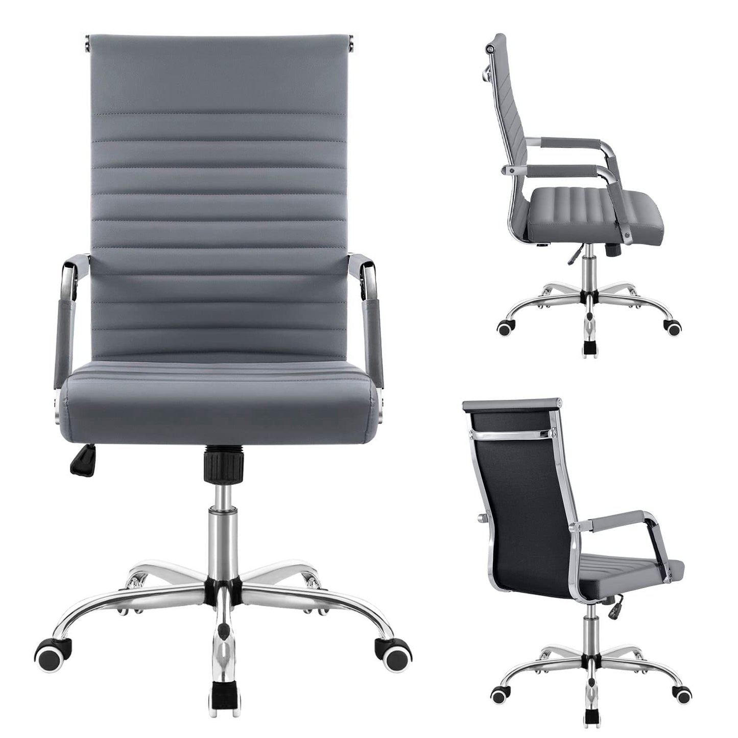 Shahoo Ribbed Office Chair, Mid-Back PU Leather Office Chair Executive Task Chair with 360° Swivel Wheels for Conference Room, Home Offices (Grey)