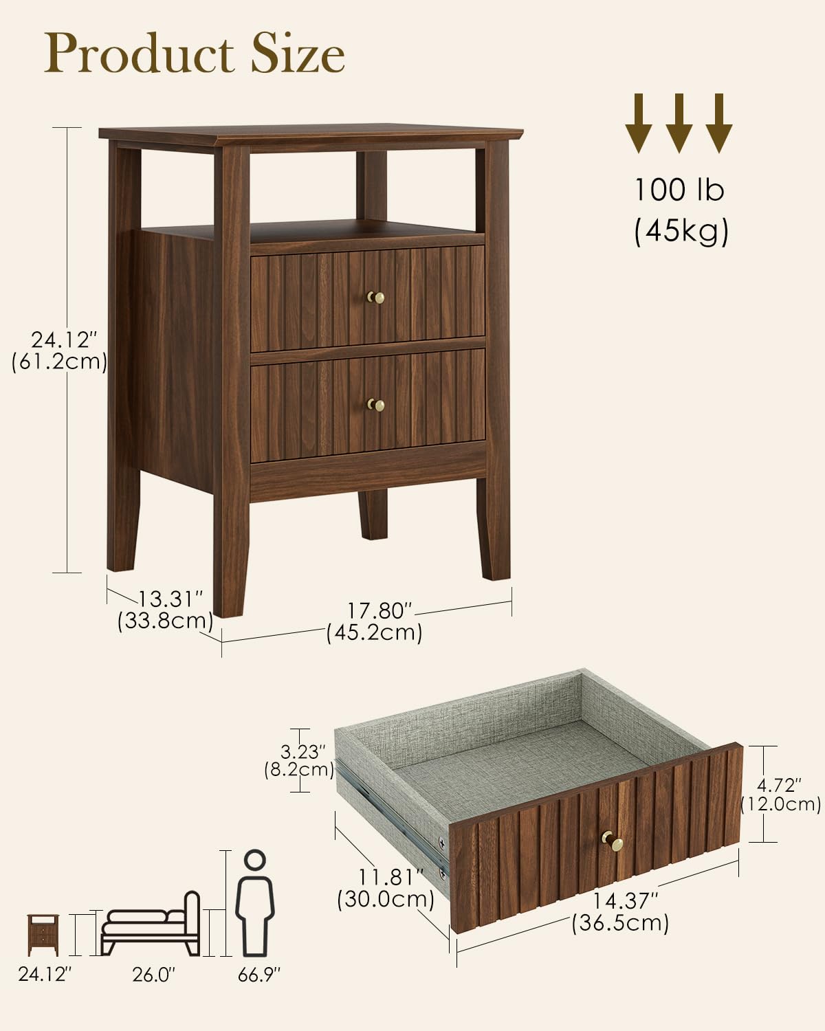 Apetaccat Fluted Nightstand, Farmhouse Night Stand with 2 Drawers, Mid Century Modern Side Accent Table,Bedside End Table for Bedroom, Living Room, Brown