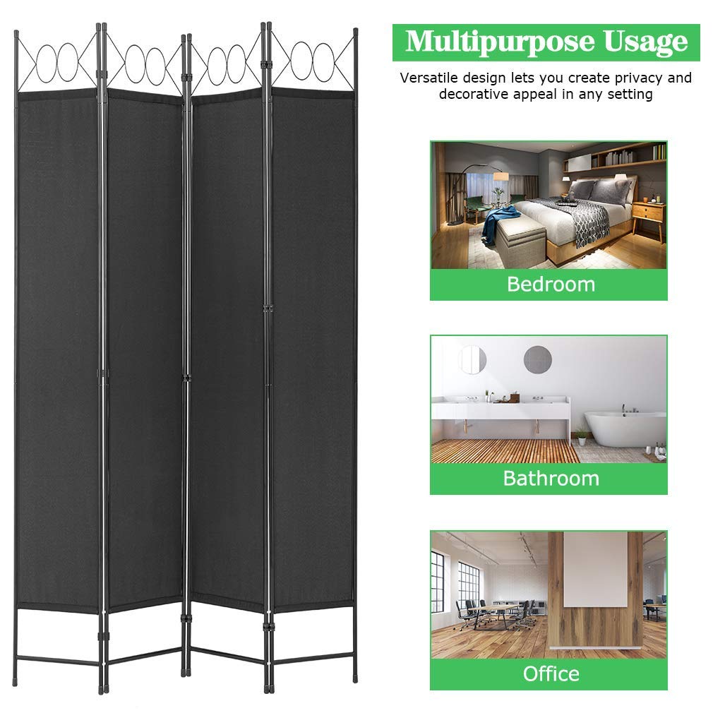 PayLessHere 4 Panel Room Divider 6FT Steel Frame Screen Folding Privacy Divider Freestanding Partition for Home Office Bedroom (Black)