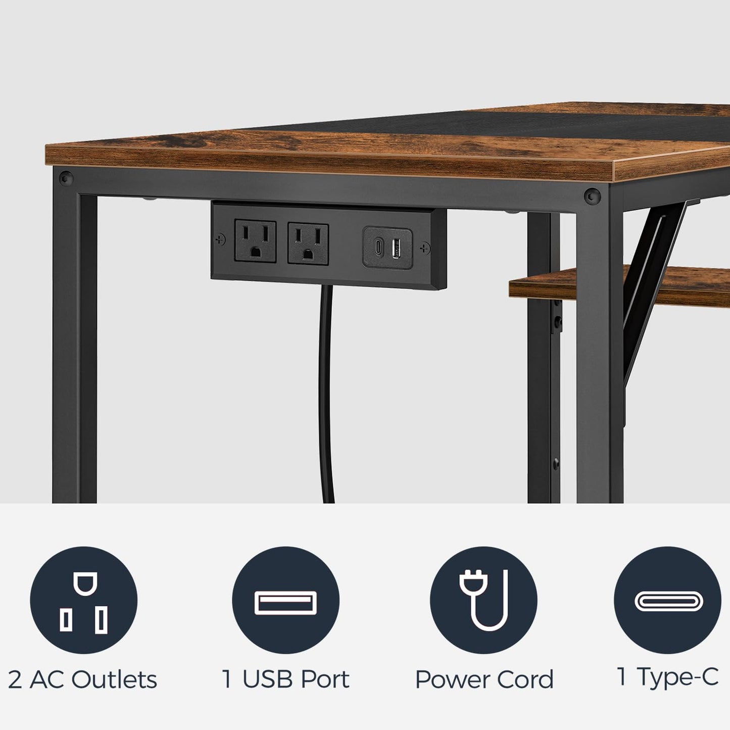 HOOBRO Small Computer Desk, Home Office Desk with Power Outlet, Writing Desk with 2 Shelves, Modern Small Desk for Home Office, Study, Easy to Assemble, Rustic Brown and Black BF43UDN01