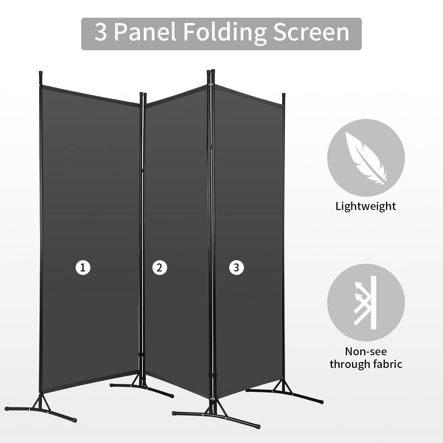 PayLessHere 3 Panel Room Divider Folding Privacy Screen 5.9FT Partition Room Separators with Metal Frame Portable Freestanding Room Divider for Bedroom,Office,Dining Room,Living Room,Grey