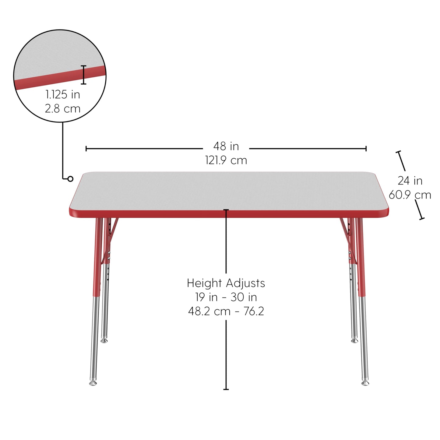 FDP Rectangle Activity School and Office Table (24 x 48 inch), Standard Legs with Swivel Glides, Adjustable Height 19-30 inches - Gray Top and Red Edge