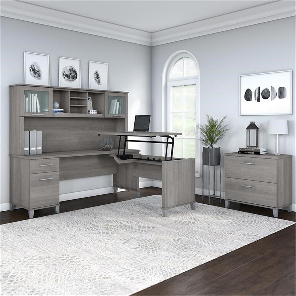 Bush Home Somerset 72W 3 Position Sit to Stand L Shaped Desk with Hutch and File Cabinet in Platinum Gray