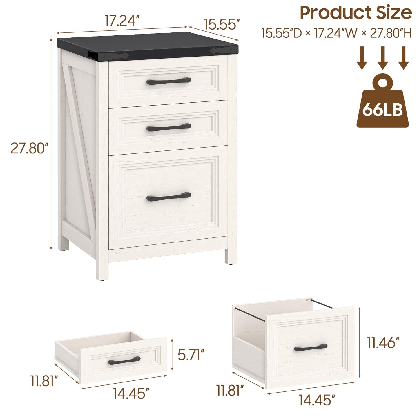 Vabches 3 Drawer Vertical File Cabinet, Farmhouse Wooden Filing Cabinet Fits A4 Letter Size, Under Desk Small File Cabinet, Printer Stand with Storage Organizer for Home Office, White and Black