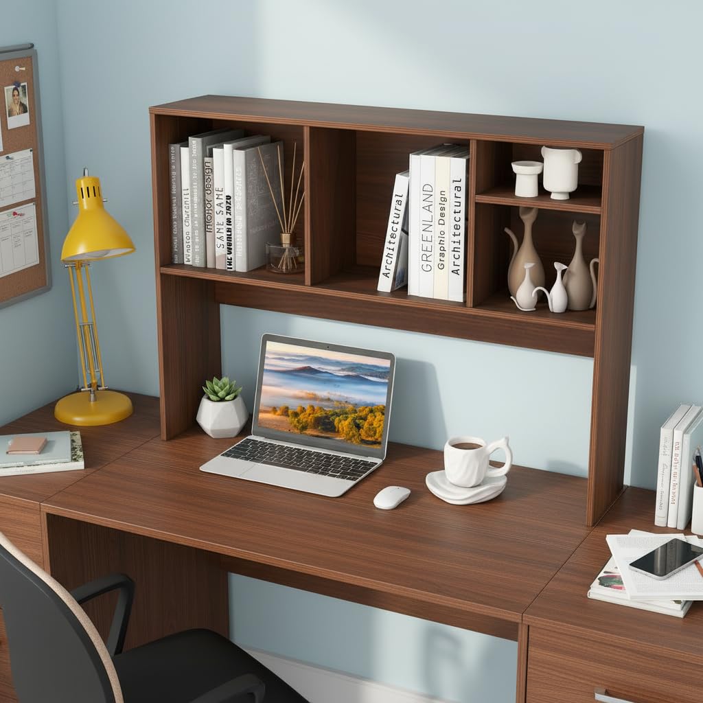 Tangkula Desktop Bookshelf, Countertop Storage Hutch with 4 Shelves for Computer Desk, Desktop 2-Tier Display Rack, Multipurpose Wood Desk Hutch Storage Organizer for Dorm Office Home (Walnut)