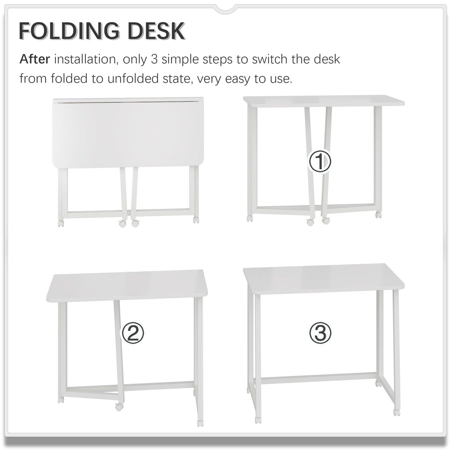 4NM 31.5" Mobile Small Folding Desk, Foldable Rolling Computer Home Office Desk, Study Writing Table for Small Space Saving Bedroom, with Wheels - All White