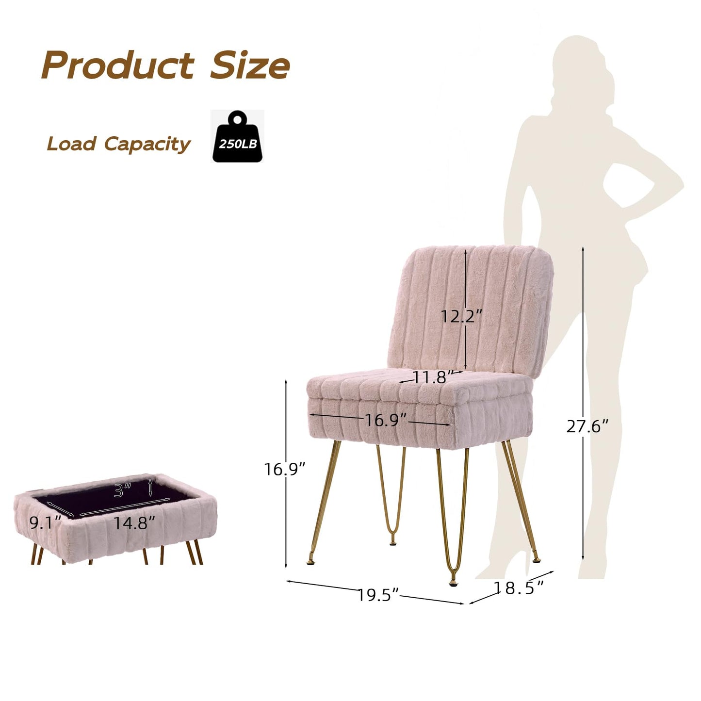 Manyday Vanity Chair with Storage, Comfy Ottoman with Folding Back, Faux Fur Vanity Stool with 4 Metal Legs for Make Up, Furry Padded Seat with Anti-Slip Feet for Bedroom Dressing Room