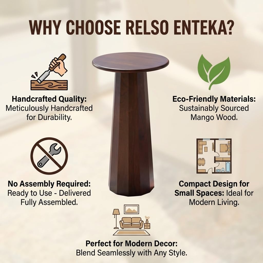 Relso Enteka Solid Mango Wood End Table – 24" Tall Accent Side Table with Walnut Finish | Handcrafted Coffee Table, No Assembly Required | Perfect for Modern Living Rooms, Farmhouses, Small Spaces
