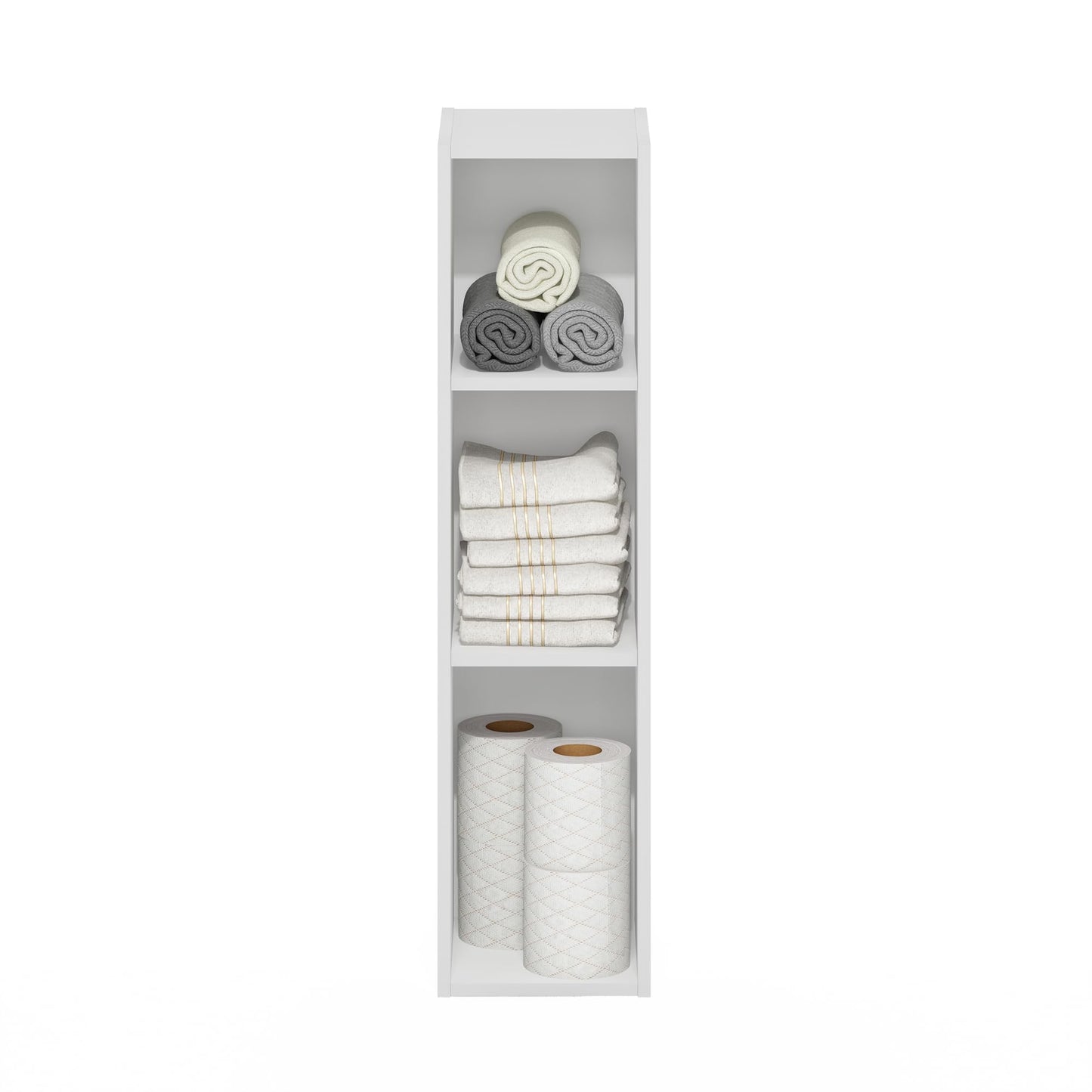 Furinno Fulda Book Shelf, 3-Tier Narrow Bookshelf, Bookcase with 8-in Width Storage Shelf, 9.3 x 7.9 x 31.5, for Living Room, Bedroom, Home Office, White