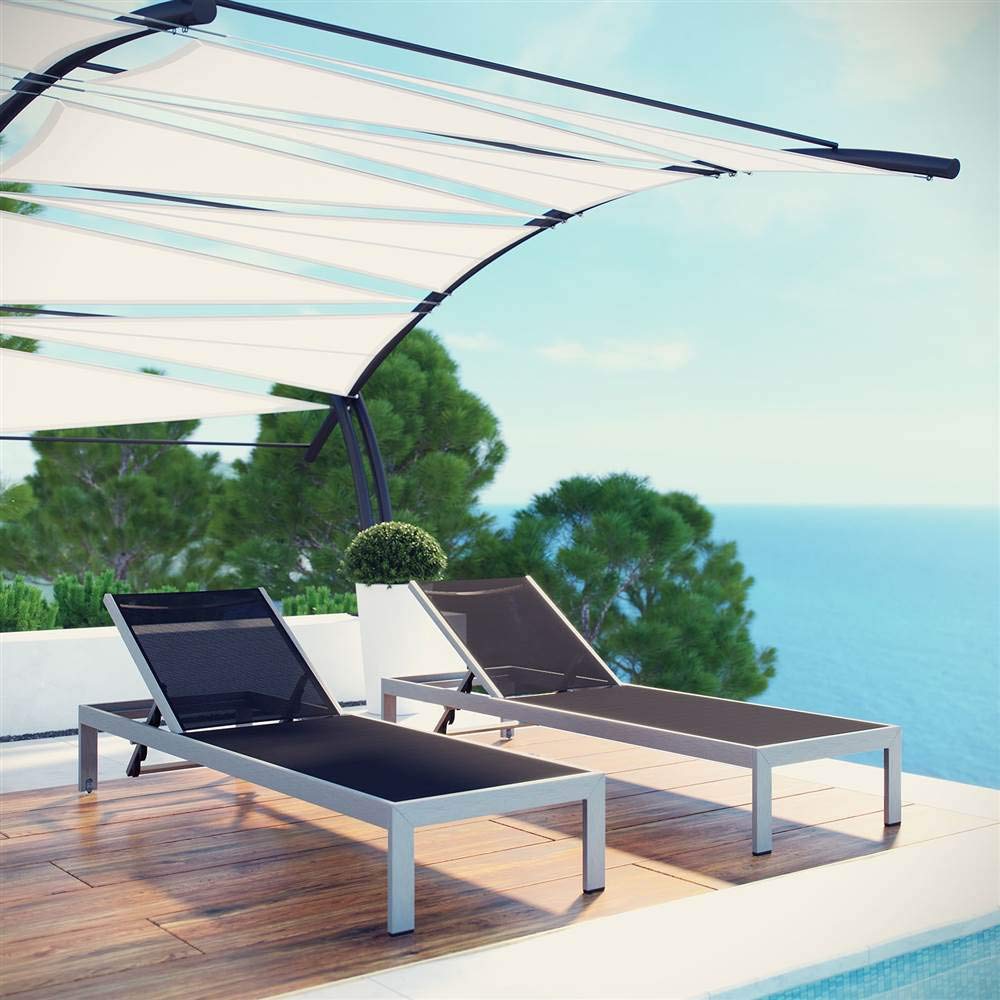 Modway Shore Outdoor Patio Chaise Aluminum Chair (Set of 2), Silver/Black, 2 Mesh Chaise