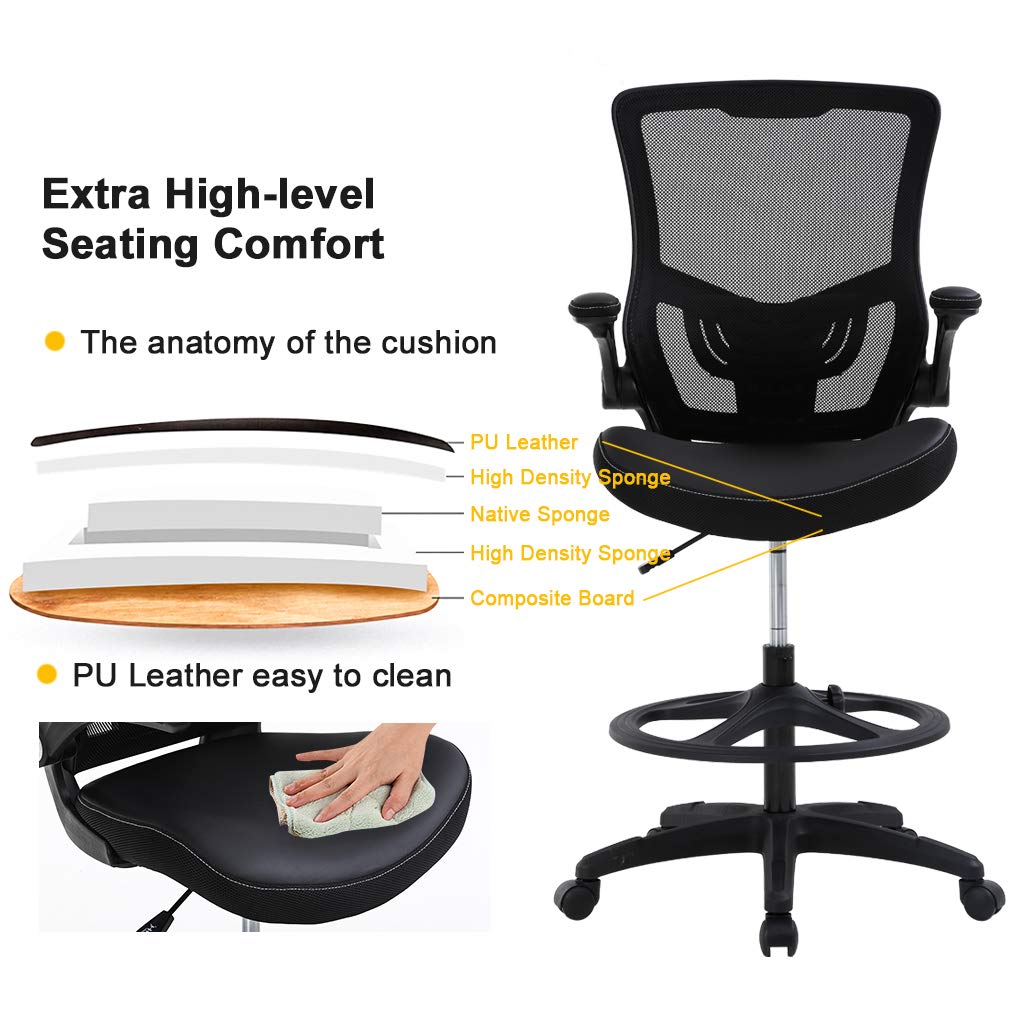 BestOffice Drafting Chair Ergonomic Tall Office Chair Standing Desk Chair with Flip Up Arms Foot Rest Back Support Adjustable Height Mesh Drafting Stool, Black