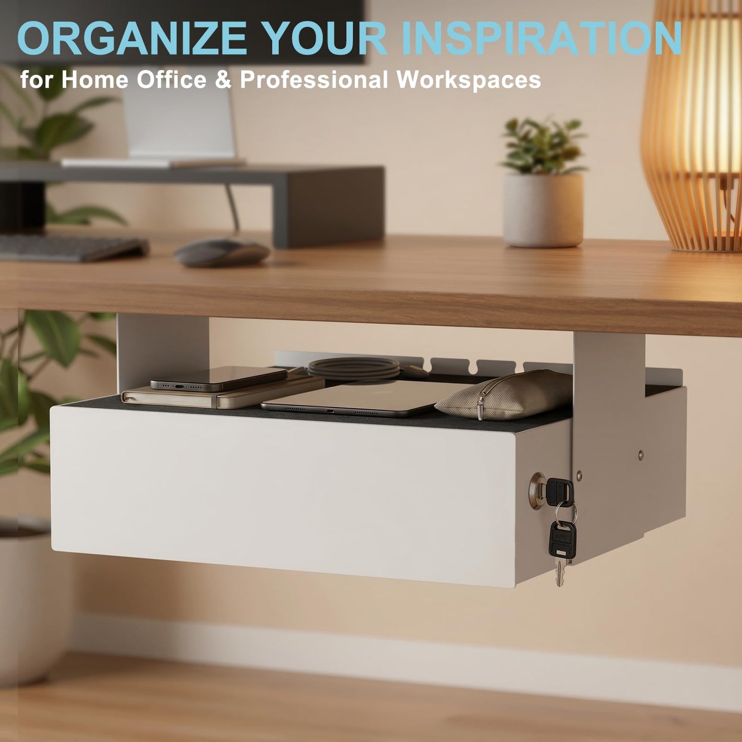 ERGO COLLECT Under Desk Slide Out, Lockable Steel Storage Drawer with Lock and Keys, Full-Extension Slides, Undermount Drawer for Home Office & Standing Desk, 13.8 Inch, White
