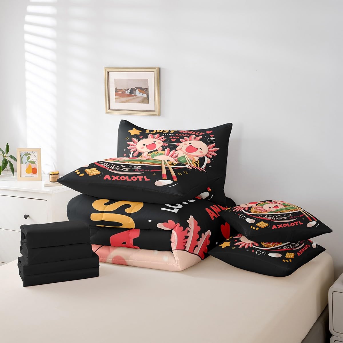 Erosebridal Funny Axolotl Queen Bedding Set,Ramen Noodle Comforter Set Gifts for Ramen Lovers,Food Themed Bed Set 7Pc Japanese Anime Style Bed in a Bag with Fitted Sheet,Flat Sheet,Pillowcases